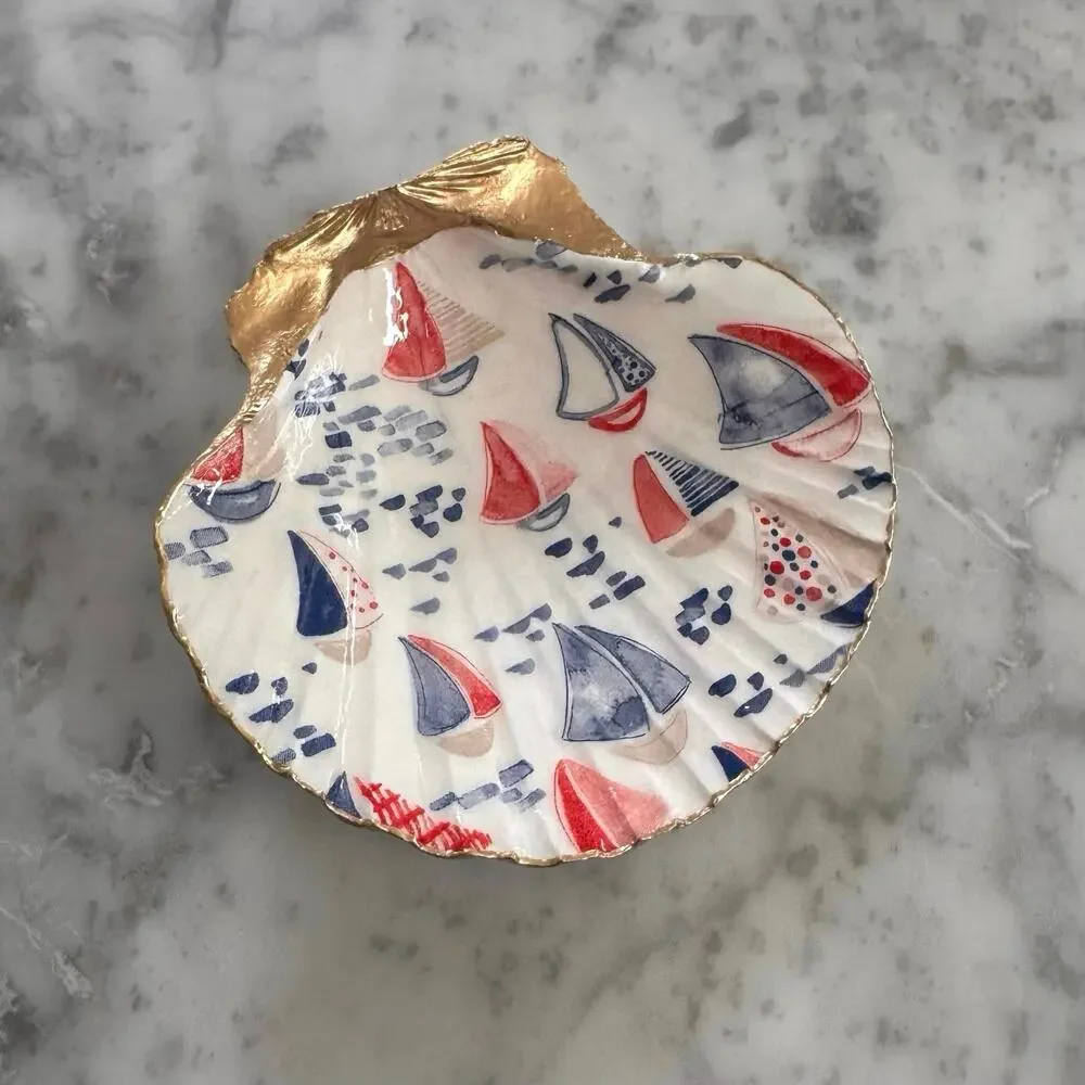 Sailboat Shell Trinket Dish, Nautical Ring Holder, Beach Decor